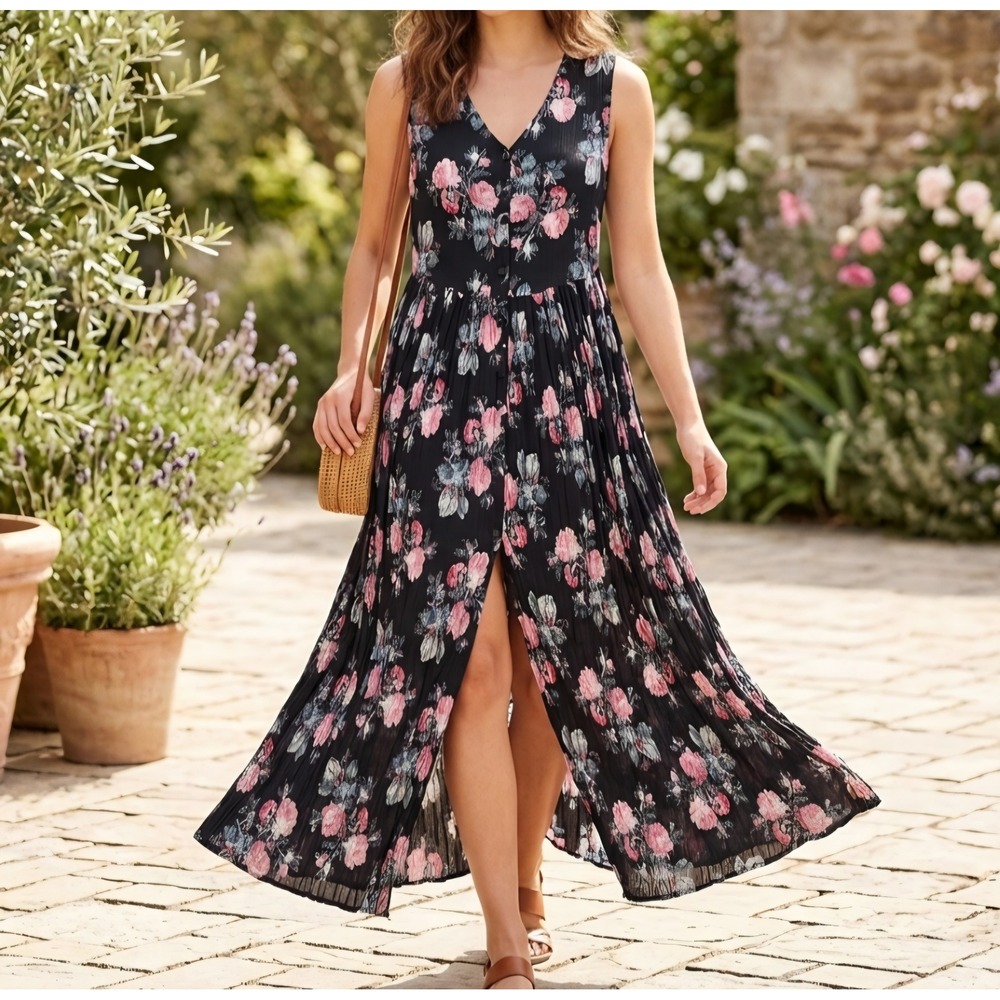 Vintage 90s Nostalgia Womens Black Floral Crinkle Rayon Button Front Maxi S